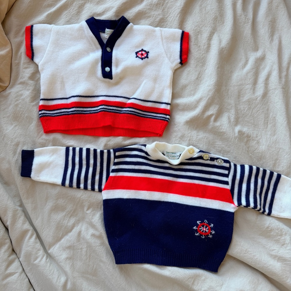 2 Vintage Soft Spun Striped Nautical Sweaters Toddler Kids Size 18M 9M